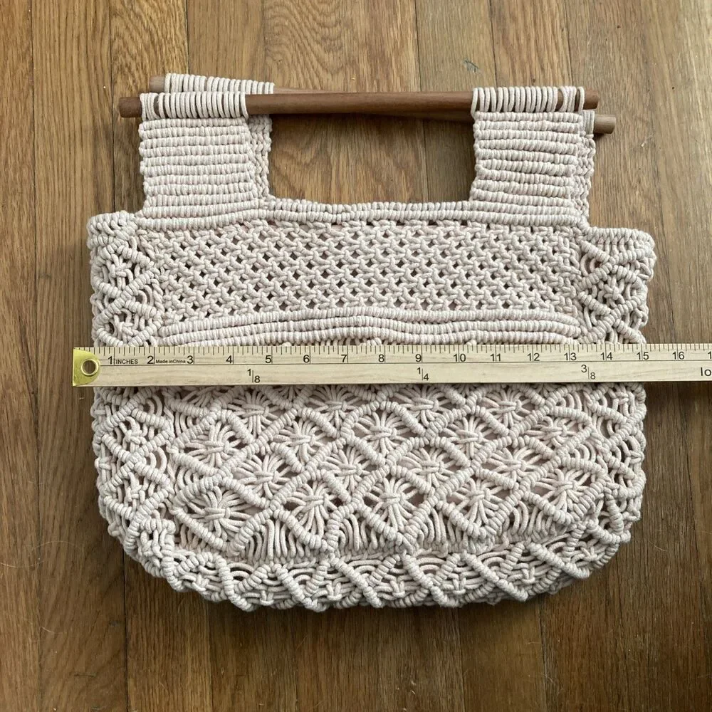Shiraleah Crochet 'Om' Fold Clutch Purse Handbag Blush Wood Handle Boho Indie